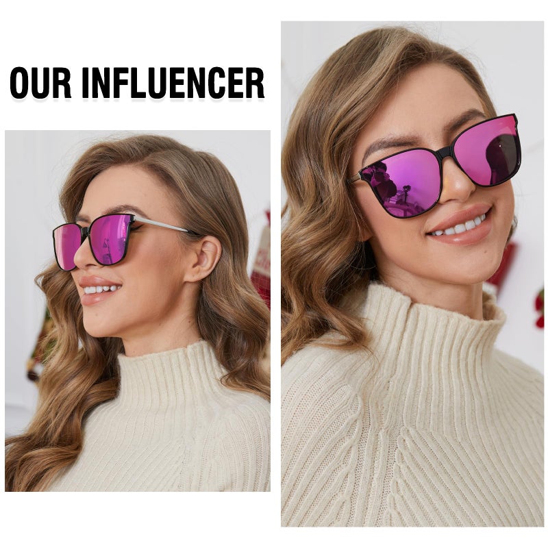 DUCO Oversized Polarized Sunglasses Womens Trendy Mirrored Shades Retro Round Vintage Light Weight UV400 Sun Glasses W016 (02- Black Frame Revo Pink Lens) - Image 2
